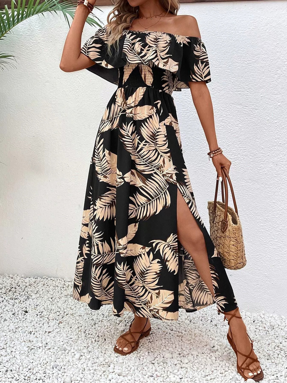 ZARA Summer Sexy Off Shoulder Short Sleeve Printed Midi Dress